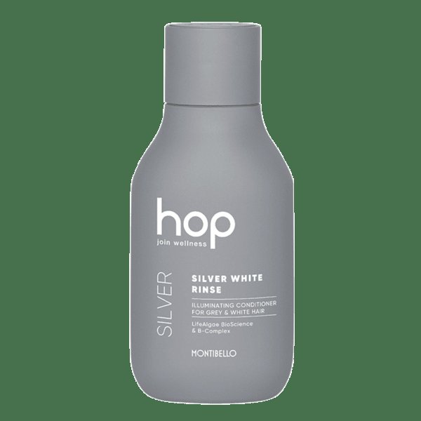 Изображение на козметичен продукт: балсам за сива и бяла коса Montibello Hop Silver and White Rinse 200ml, показан в козметично студио. Ключови думи: козметика, маникюр, прически, фризьор, подстрижки, декорация.