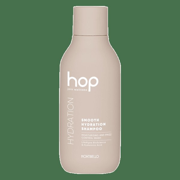 Изображение на козметичен продукт Montibello Hop Smooth Hydration Shampoo 300ml в козметично студио, предлагащо услуги като маникюр, прически, фризьорски подстрижки и декорация.