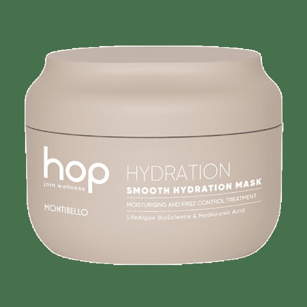 Изображение на хидратираща изглаждаща маска Montibello Hop Smooth Hydration Mask 200ml, представена в козметично студио, предлагащо професионални услуги по козметика, маникюр, прически, фризьор, подстрижки и декорация.