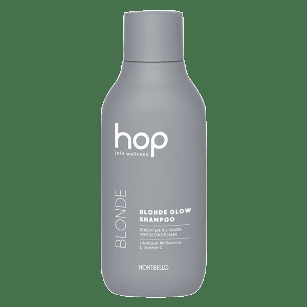 Изображение на шампоан за руса коса Montibello Hop Blonde Glow Shampoo 300ml в козметично студио, предлагащо козметика, маникюр, прически, фризьорски услуги, подстрижки и декорация.