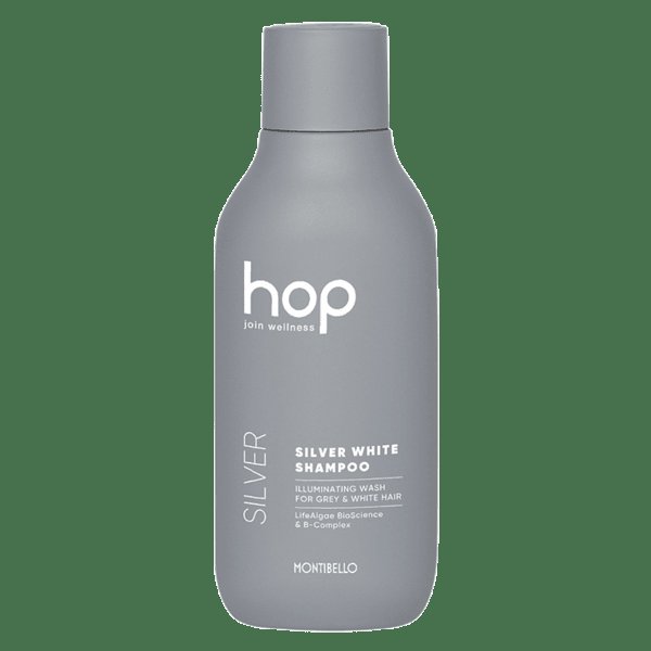 Изображение на козметичен продукт в бюти студио - шампоан Montibello Hop Silver White Shampoo 300ml, подходящ за сива и побелена коса. Козметика за прически, маникюр, декорация, фризьор и подстрижки.
