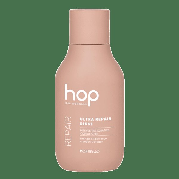 Изображение на ултра възстановяващ балсам Hop Ultra Repair Rinse 200ml в козметичното студио, където се предлагат услуги като козметика, маникюр, прически, фризьорски подстрижки и декорация.