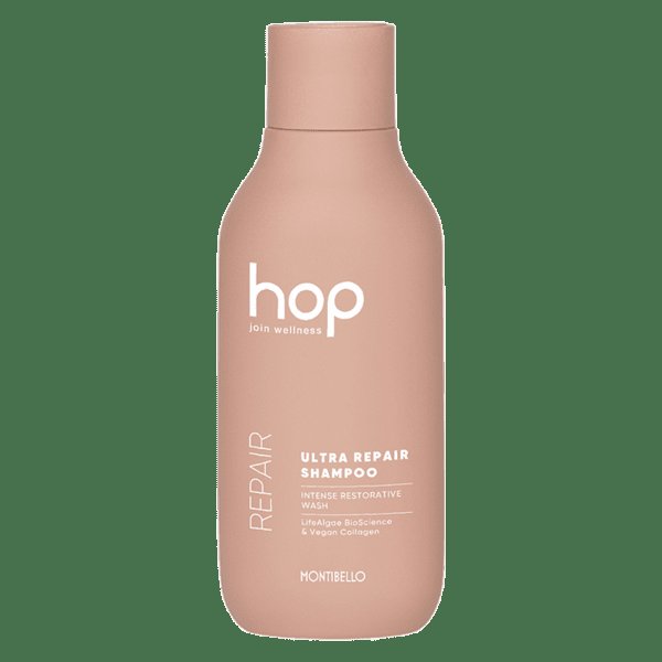 Ултравъзстановяващ шампоан Hop Ultra Repair Shampoo 300ml, разположен в козметично студио с услуги като маникюр, прически, фризьор и подстрижки, и декорация.